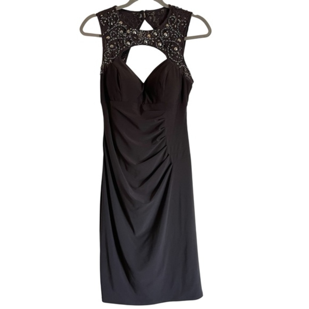 Cache Black Beaded Lace Ruched Sweetheart Neck Y2K Prom Cocktail Dress, Size 6